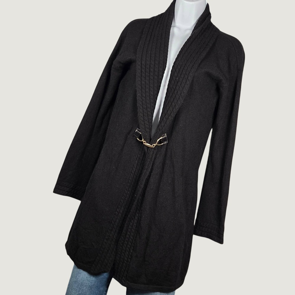 Saks Fifth Avenue Women Medium Cashmere Cardigan Black Horsebit Buckle Longline